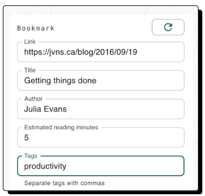 Queso bookmarks extension form for saving a web article