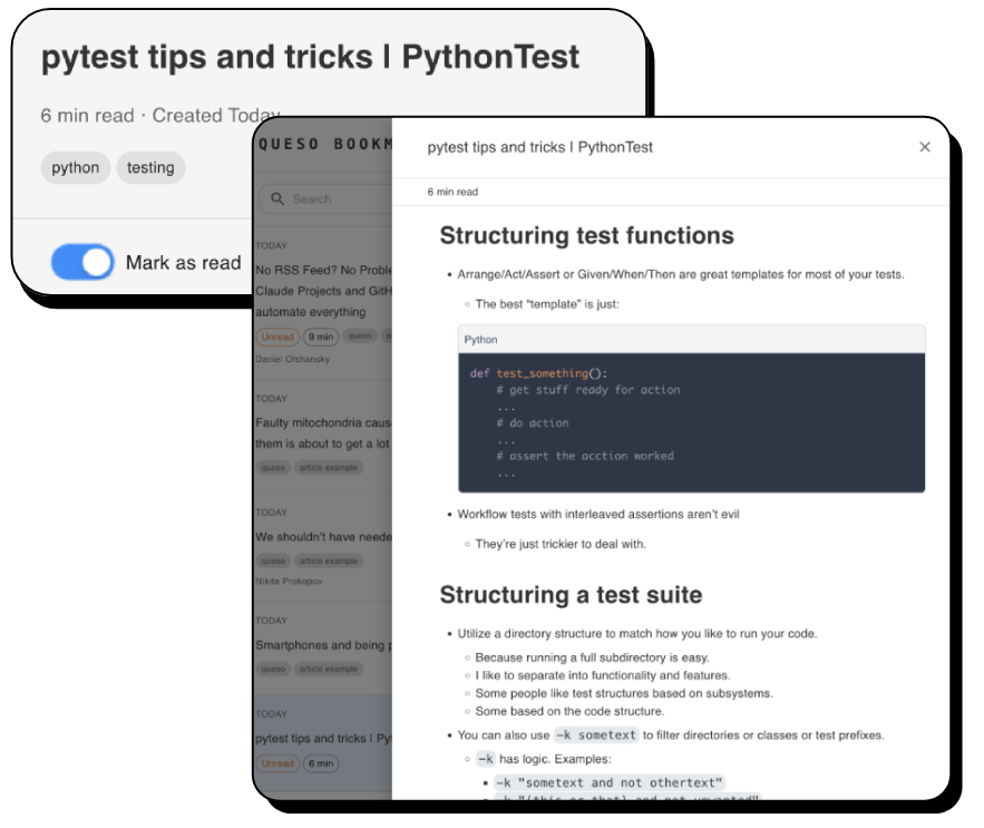 Queso bookmarks application UI showing a saved article with tags