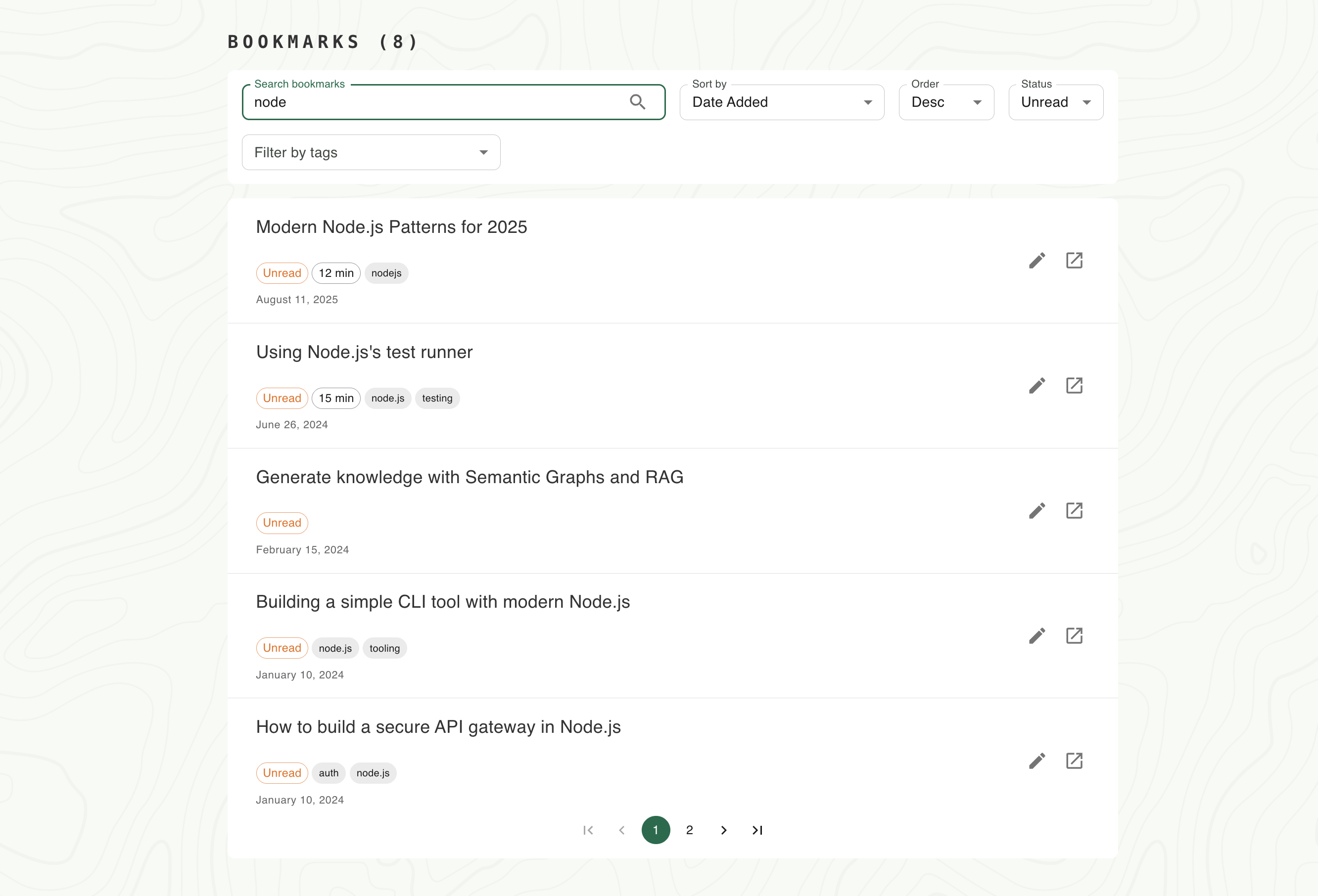 Queso bookmarks page showing a list of saved articles with search, filtering, and tagging features