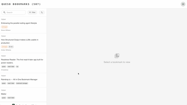Queso bookmarks page showing a list of saved articles with search, filtering, and tagging features