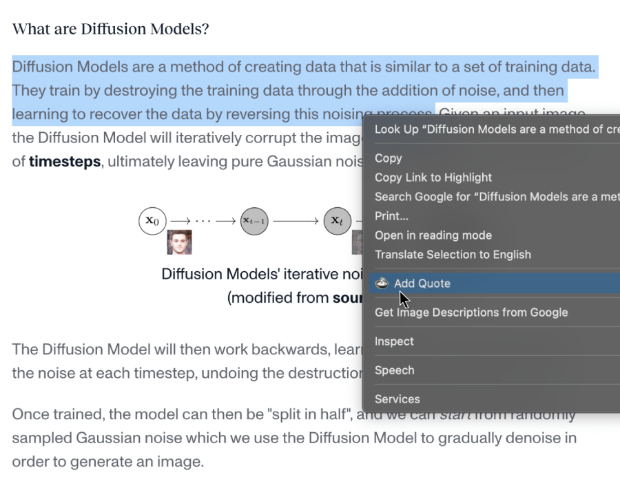 Browser context menu showing Queso's text selection and saving interface